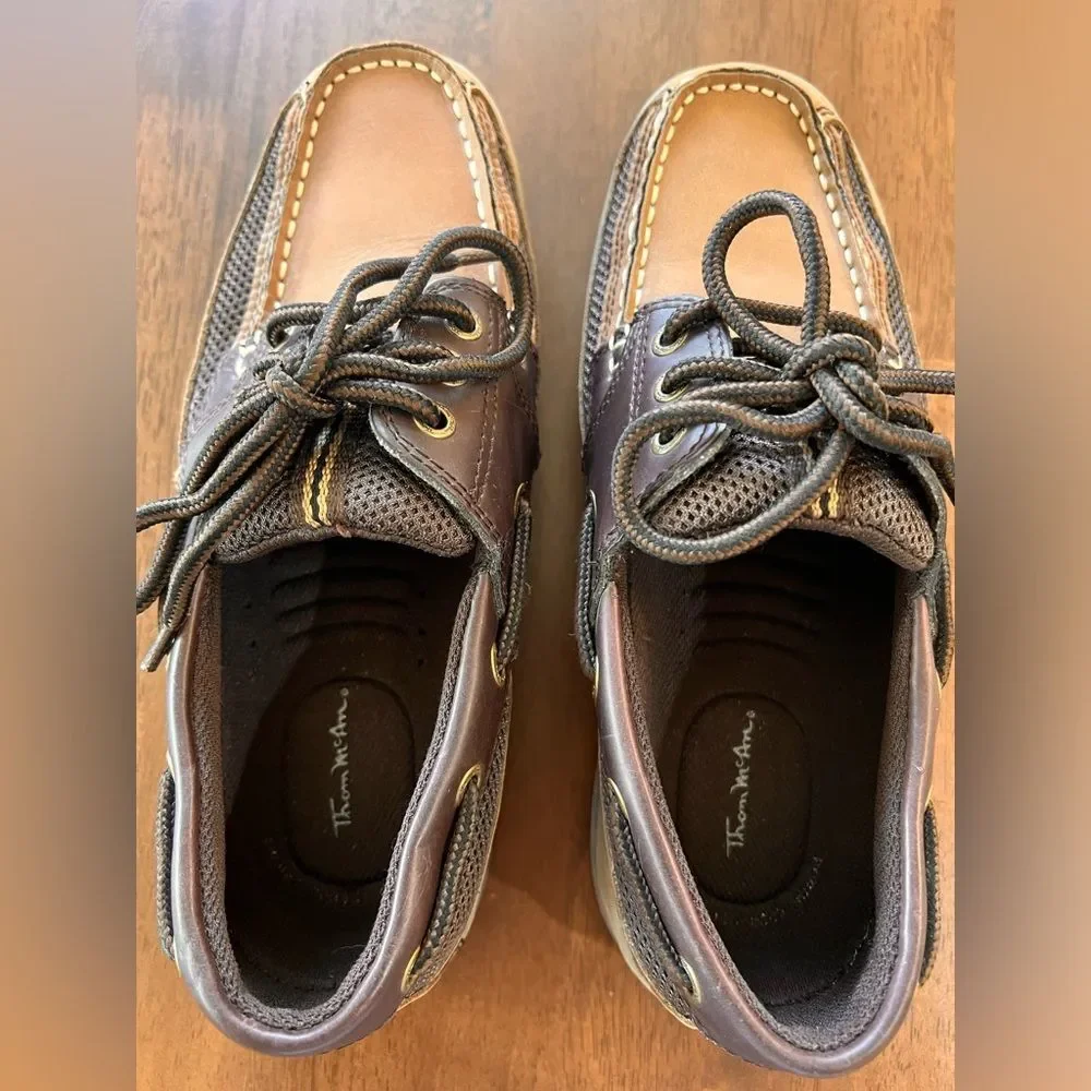 Thom McAn Men's Kiel Brown/Tan Casual Lace-Up Comfy Leather Mesh Boat Shoes 7M